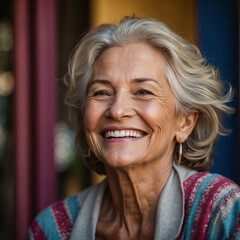 Fröhliche Seniorin mit bezauberndem Lächeln erlebt Freude des Alters vor buntem Hintergrund - obrazy, fototapety, plakaty