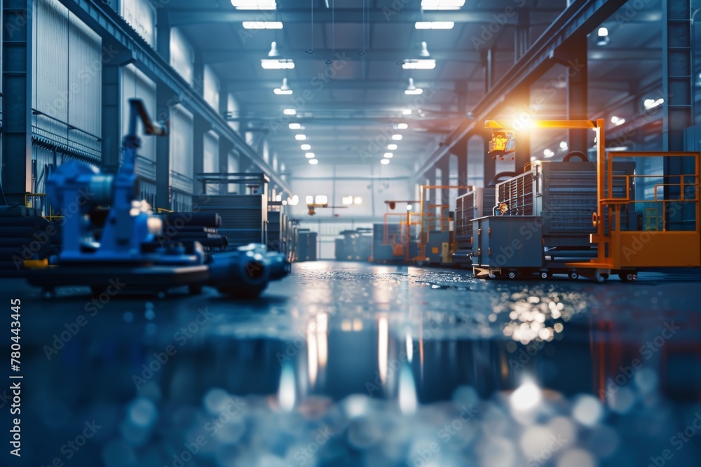 Aufkleber low angle view of an automated factory floor with machinery and storage units. modern automated fact