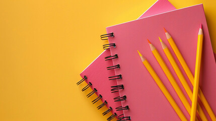 Fototapeta premium Back to school concept. A pink color notebook and graphic pencils on yellow background with copyspace.