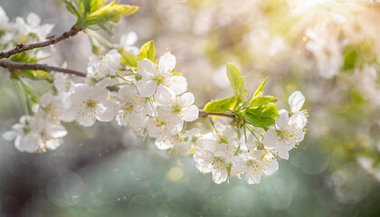 Close-up of white blossoms. Beautiful flowers and green leaves. Spring season.