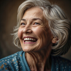 Heiteres Lachen einer charmanten Seniorin umarmt von warmen Farben und Texturen - Schönheit und Freude ohne Altersgrenze - obrazy, fototapety, plakaty