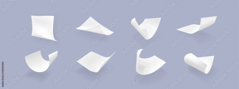 Poster flying paper sheet in different angles of view. realistic 3d vector illustration set of curve white 