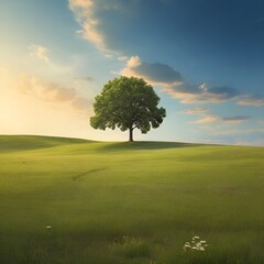 Fototapeta premium AI generated illustration of lush green grass field with a solitary tree