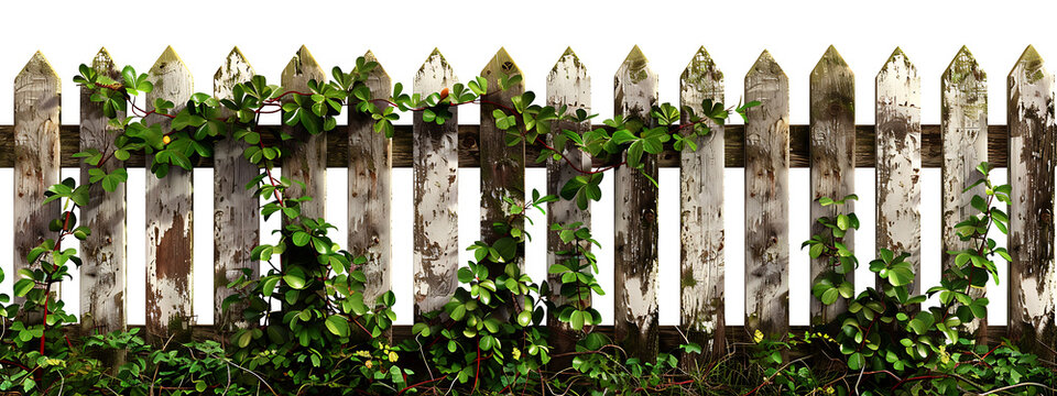 Rough cut, weathered fence posts covered Old weathered wooden picket fence covered, generative AI 