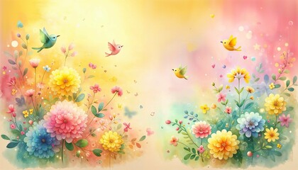 Whimsical watercolor garden and playful birds - AI generated digital art