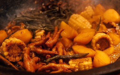 Closeup shot of a delicious chicken feet and corn with sauce