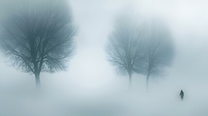 AI generated illustration of a man standing in a foggy field with trees - obrazy, fototapety, plakaty