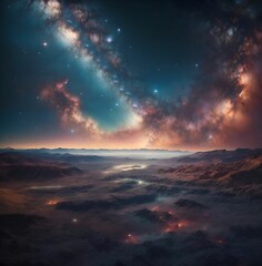 Fototapeta na wymiar AI generated illustration of a stunning nightscape of a distant galaxy on the horizon,