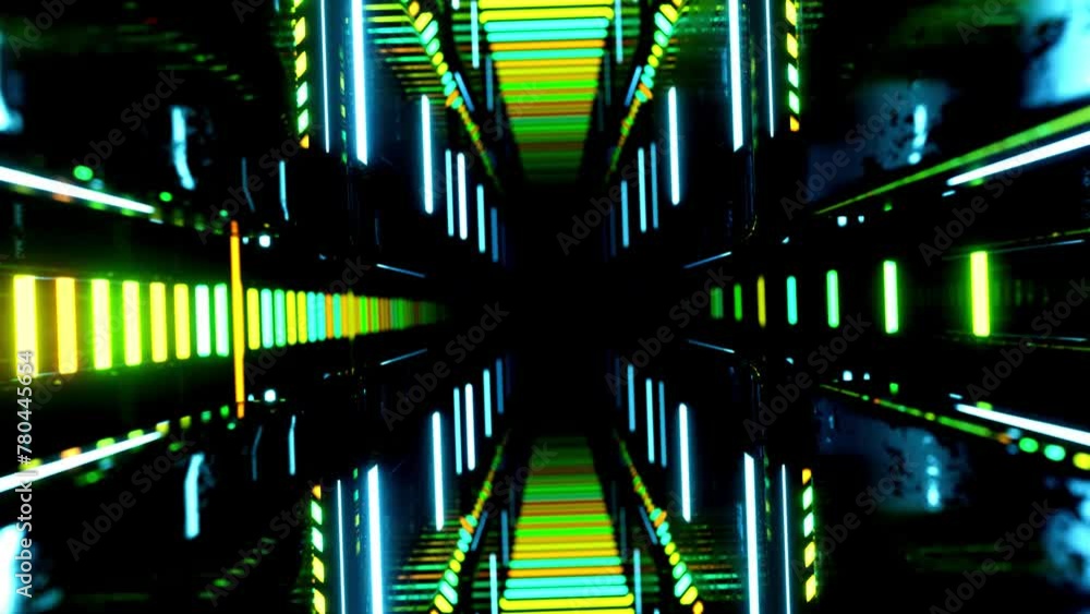Poster flight through hi-tech technology tunnel with camera shake. neon light, sci-fi constructions, myster