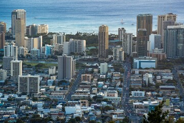 Bird's eye view of downtown Honolulu, Hawaii with skyscrapers and high-rise buildings