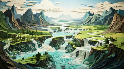 AI generated illustration of a cascading waterfall in a lush green mountainous landscape - obrazy, fototapety, plakaty