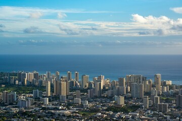 Bird's eye view of downtown Honolulu, Hawaii with skyscrapers and high-rise buildings