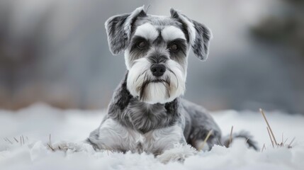 Miniature Schnauzer dog pet in snow, showcasing a winter animal portrait with cute black and white fur