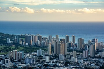 Bird's eye view of downtown Honolulu, Hawaii with skyscrapers and high-rise buildings