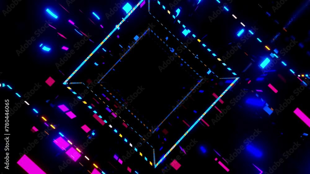 Poster flight through hi-tech technology tunnel with camera shake. neon light, sci-fi constructions, myster