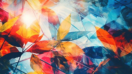 Abstract background with geometric shapes and tropical leaves, multiple exposure