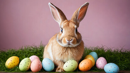 a rabbit with painted eggs on a bed of grass and pink