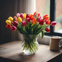 AI generated illustration of vibrant tulips in a vase by a cup on a table