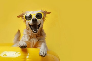 Happy smiling dog wearing sunglasses and swimming circle on yellow background - obrazy, fototapety, plakaty