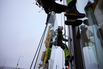 Low angle view of rope access workers installing window glass of building