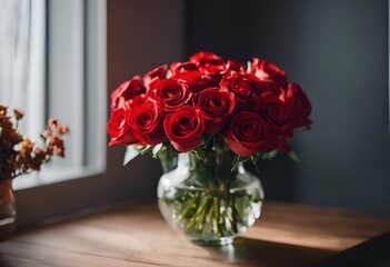 AI generated illustration of red roses in a vase on a table near a window