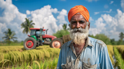 A punjabi farmer in a paddy field with tractor.