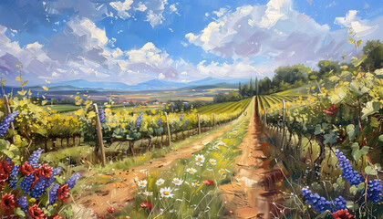 Fototapeta na wymiar A summer vineyard under a blue sky.