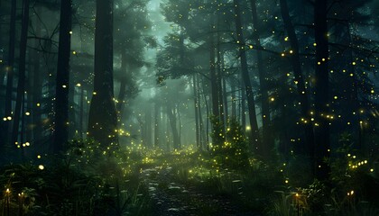 a trail through a forest with fireflies