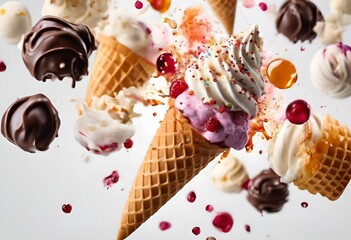 AI generated illustration of an ice cream cone coated with rich chocolate and assorted flavors - obrazy, fototapety, plakaty