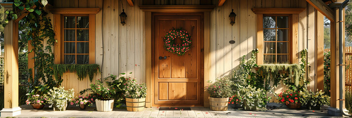 Fototapeta na wymiar Rustic Doorway with Floral Wreath, Timeless Entrance Charm, Fusion of Natural and Architectural Beauty