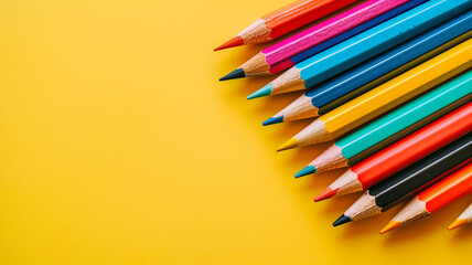 Assorted colored pencils on yellow background - Powered by Adobe