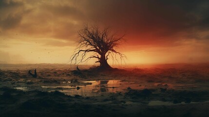 AI generated illustration of A solitary tree stands in a barren desertscape - obrazy, fototapety, plakaty