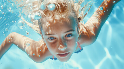 Young girl swimming underwater in a pool