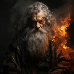 AI generated illustration of an elderly man with gray hair against a background of raging flames - obrazy, fototapety, plakaty
