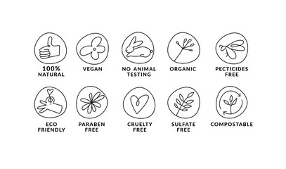 Vector set linear icons, logos or labels for natural and organic products. Outline symbols for food and cosmetics