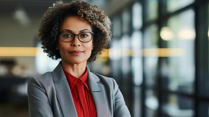 AI generated illustration of a female professional in glasses standing in a workplace setting - obrazy, fototapety, plakaty