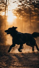 a dog running in the dark in front of trees at sunset