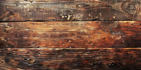 Naklejka premium Dark brown wooden background with a rough texture and old wood grain, top view. Wooden table or floor with a worn surface. Vintage wood wall banner for design, 