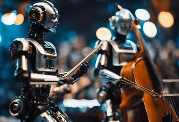 two silver robots with horns playing a musical instrument together with others - obrazy, fototapety, plakaty