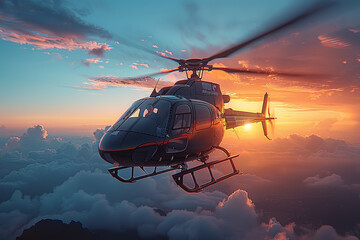 A helicopter, a rotorcraft vehicle, travels through the cloudy sky at sunset