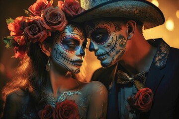 AI generated illustration of a happy couple dressed in traditional Day of the Dead costumes