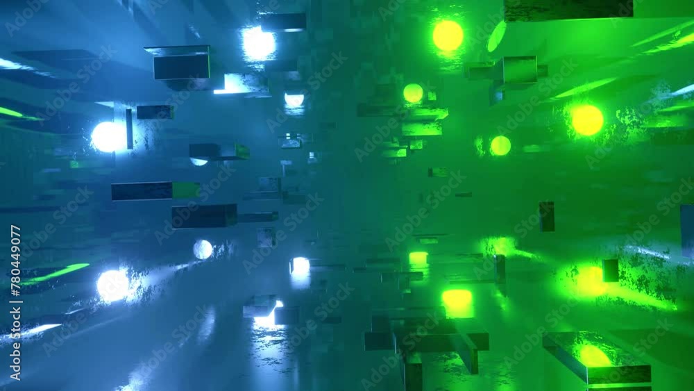 Poster flight through hi-tech technology tunnel with camera shake. neon light and fog, sci-fi constructions