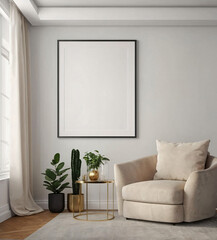 Frame mockup, ISO A paper size. Living room wall poster mockup. Interior mockup with house background. Modern interior design. 3D render, living room, room, modern room, ai generated