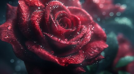 the top of red roses in a field with water drops