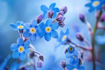 Blue Blossoms of April: Delicate Forget Me Not Flowers in Botanical Bunch, Closeup View