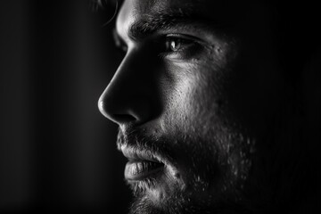 Obraz premium close up of a man in the dark looking off into the distance