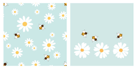 Seamless pattern with bee cartoons and daisy flower on green mint background. Daisy icon set and flying bee cartoons vector.