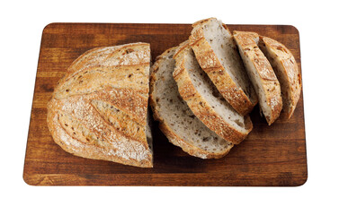 Cut loaf with seeds on a wooden board isolated on a white background. Sliced pieces of bread. Art bread