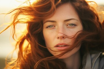 AI generated illustration of a beautiful young woman with long, vibrant red hair - obrazy, fototapety, plakaty