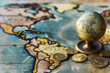 Close-up of coins and a small globe on a detailed world map, symbolizing international finance - 780449887